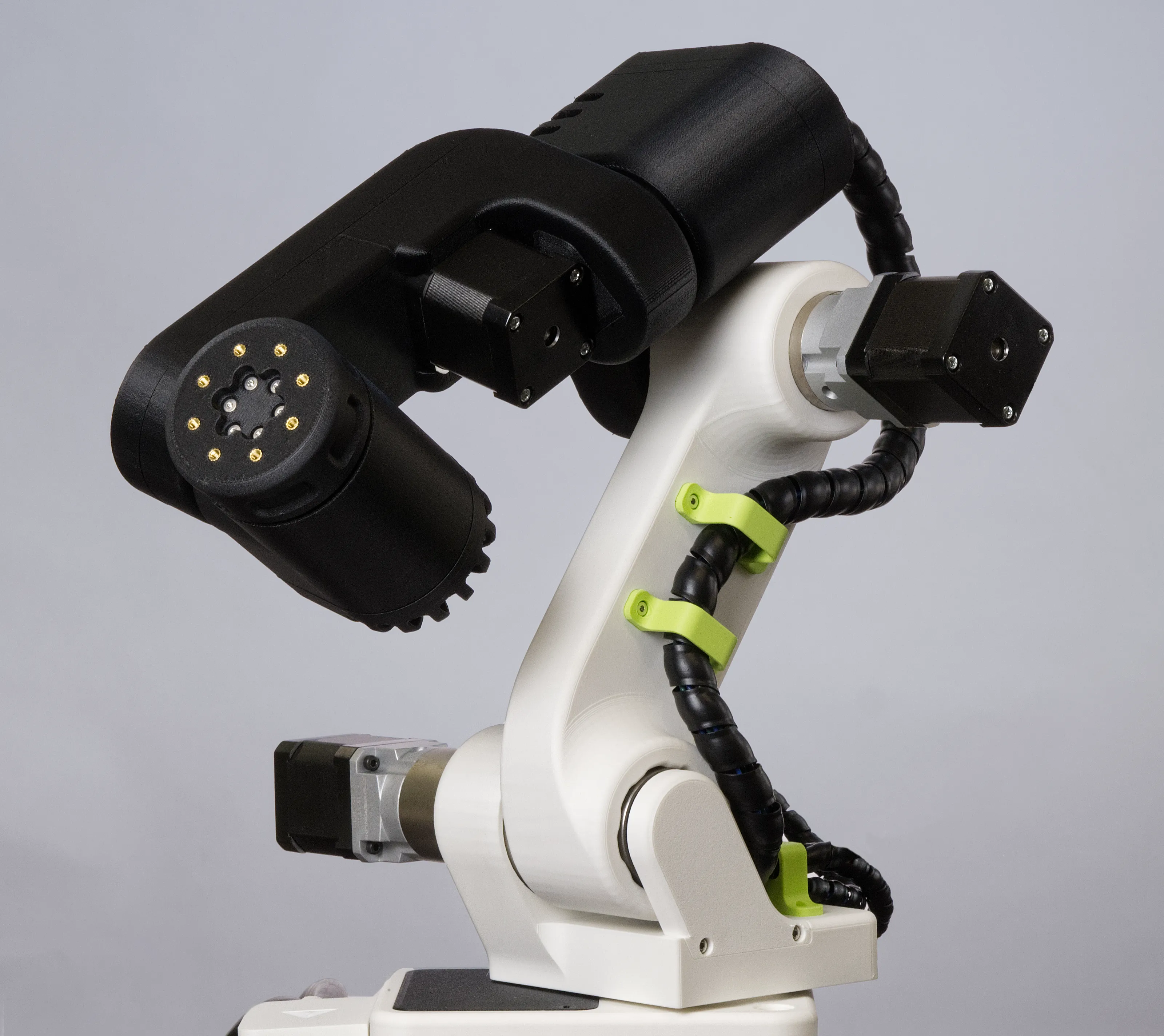 A photo of the 3D-printed robot robot, three-quarter angle view.